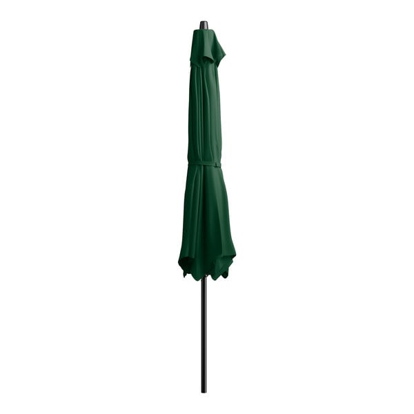 A forest green Lancaster Table & Seating umbrella on a black pole.