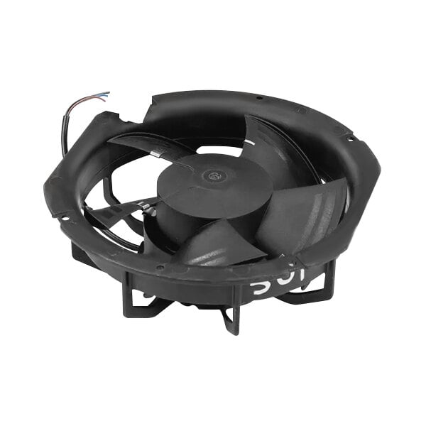 A Beverage-Air black axial fan with wires attached.