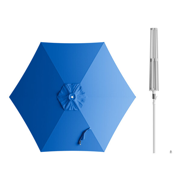 A blue umbrella with a metal pole and a white push lift handle.
