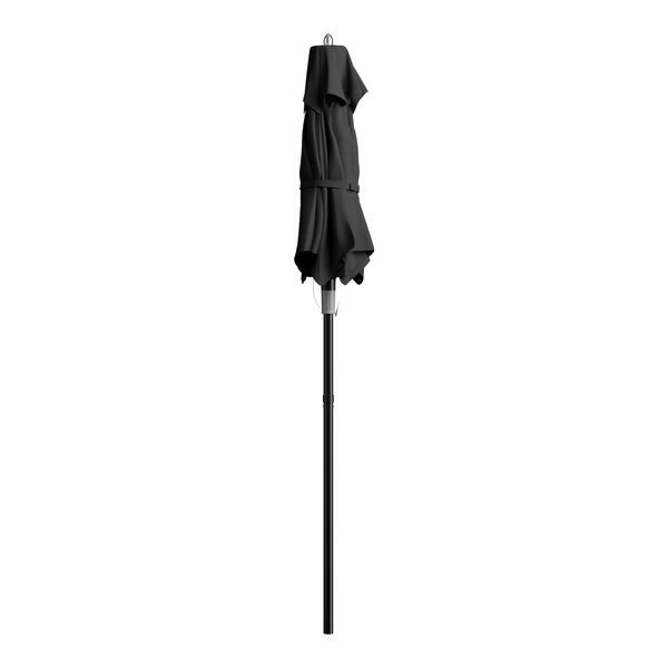 A Lancaster Table & Seating black aluminum umbrella on a pole.