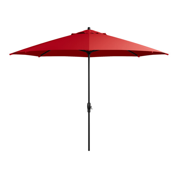 A red Lancaster Table & Seating umbrella open on a white background.