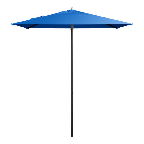 A cobalt blue umbrella with a black pole.