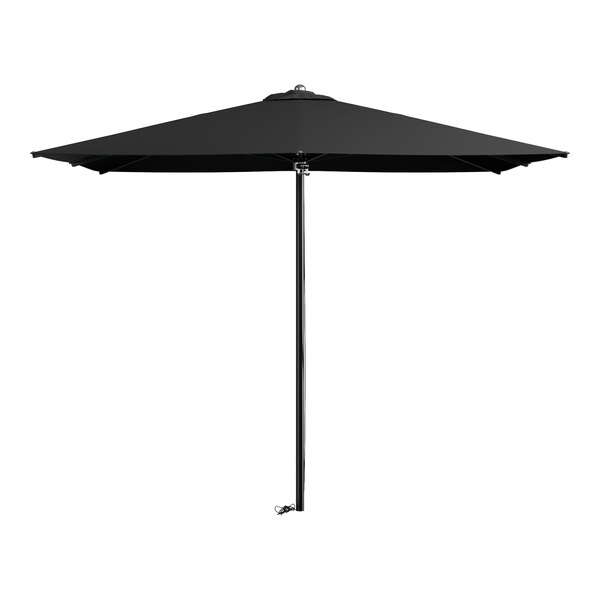 A black Lancaster Table & Seating square umbrella with a pole.