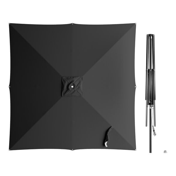 A black square umbrella with a metal pole.