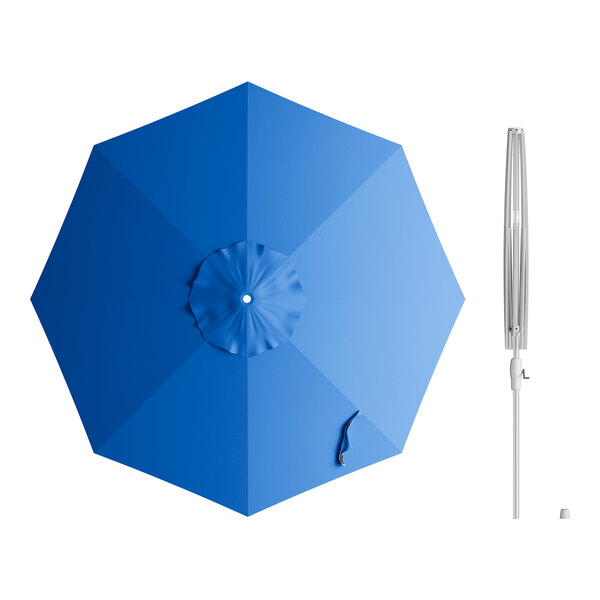 A blue umbrella with a silver metal pole and a hole in the top.