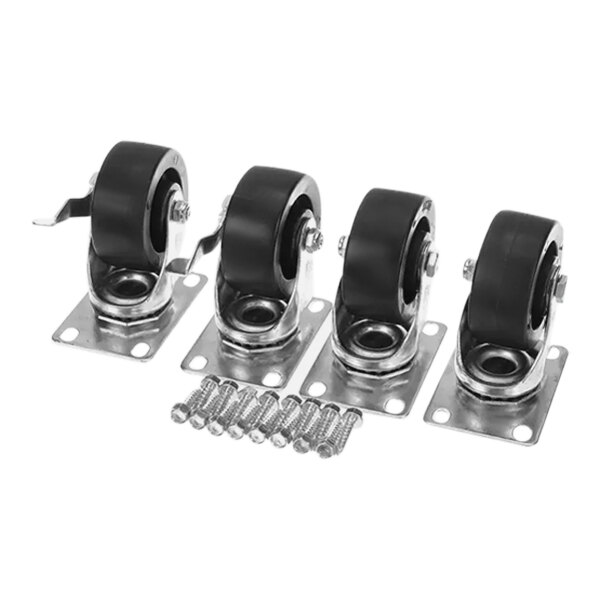 A group of Beverage-Air casters with black rubber wheels and screws.