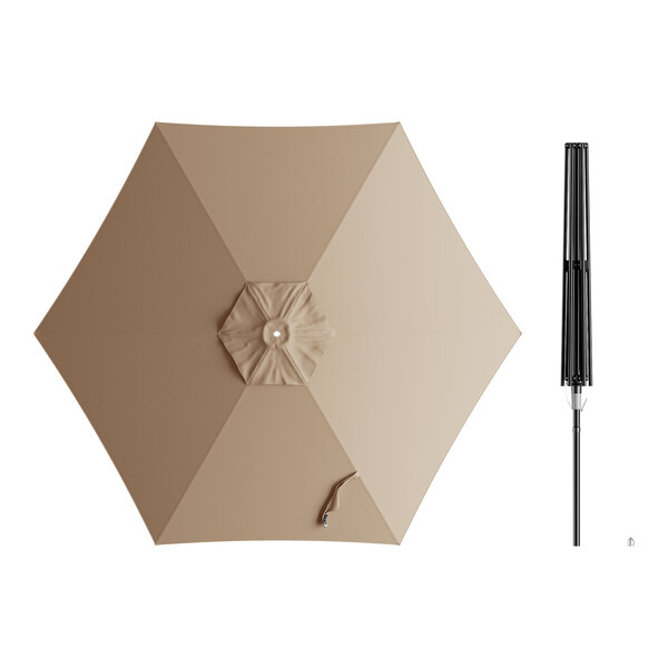A beige round umbrella with a black push lift.