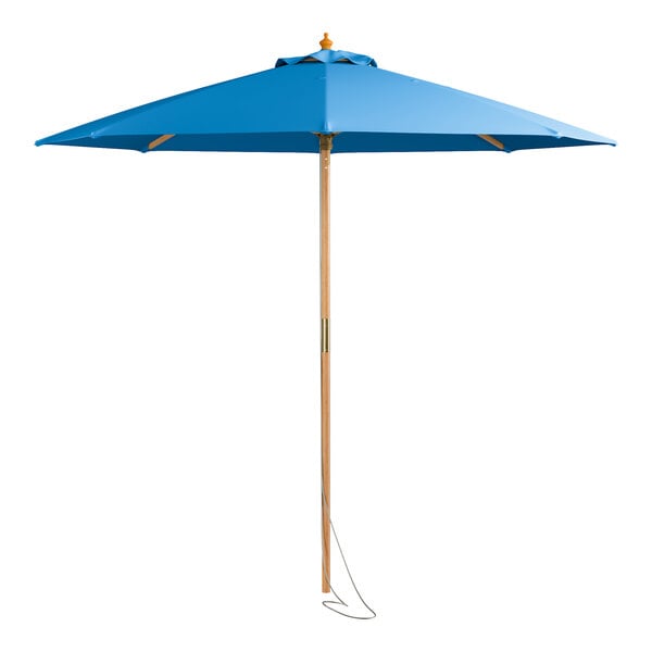 A blue umbrella with a wooden pole and pulley lift.