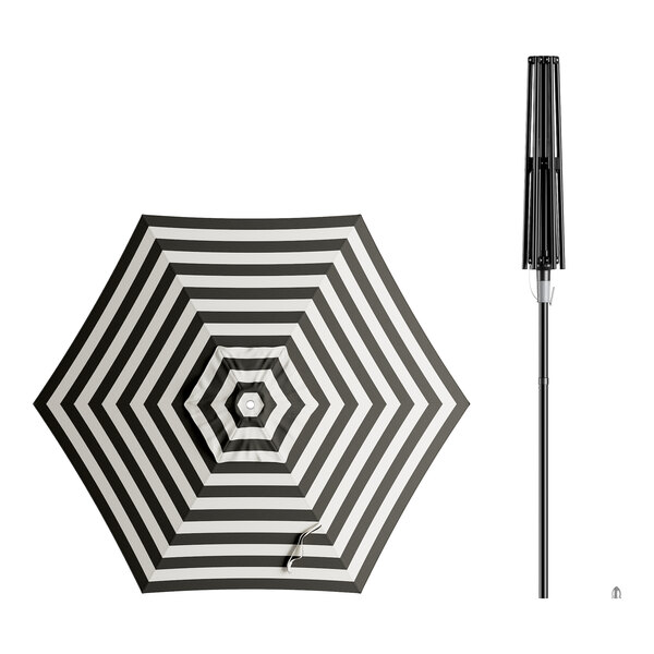 A black and white striped Lancaster Table & Seating umbrella with a black push lift handle.