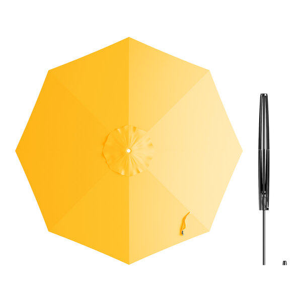 A yellow umbrella with a black handle.