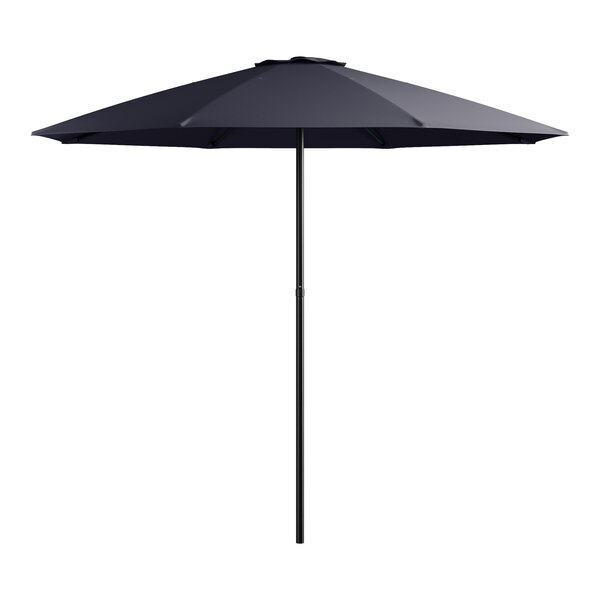 A black Lancaster Table & Seating umbrella with a push lift mechanism.
