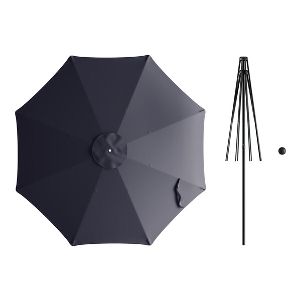 A black Lancaster Table & Seating round umbrella with a pole and lift.