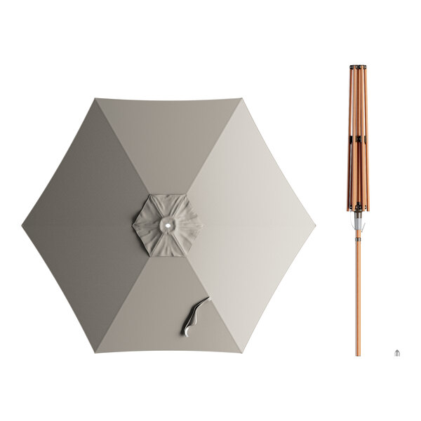 A Lancaster Table & Seating round graphite woodgrain aluminum umbrella with a white cloth on top.