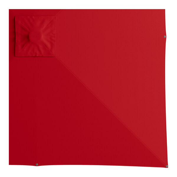 A red square Lancaster Table & Seating cantilever umbrella with a square top.