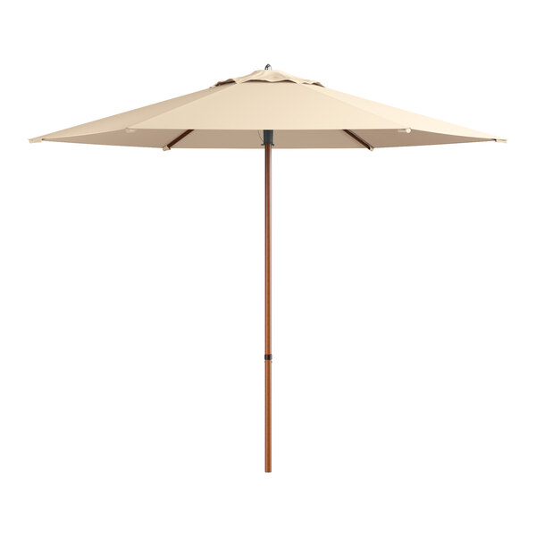A large white umbrella with a woodgrain pole.