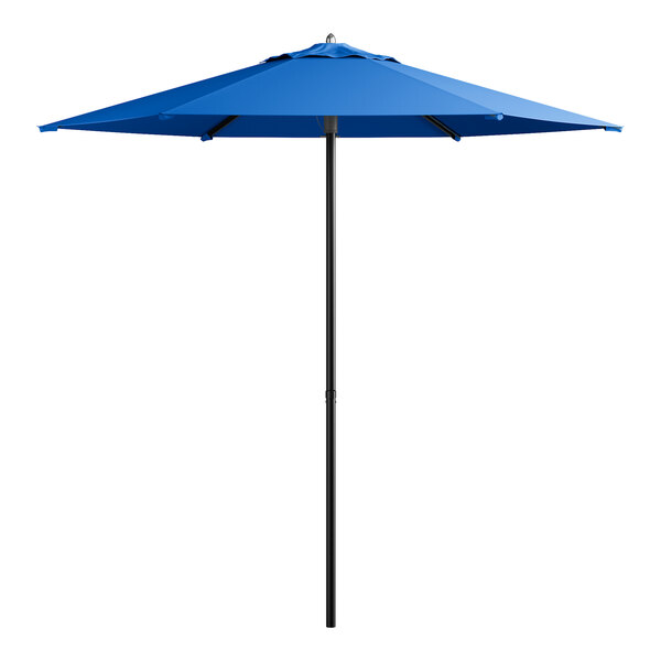 A cobalt blue umbrella with a black pole on a white background.