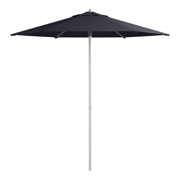 A navy blue Lancaster Table & Seating round umbrella with a silver push lift.