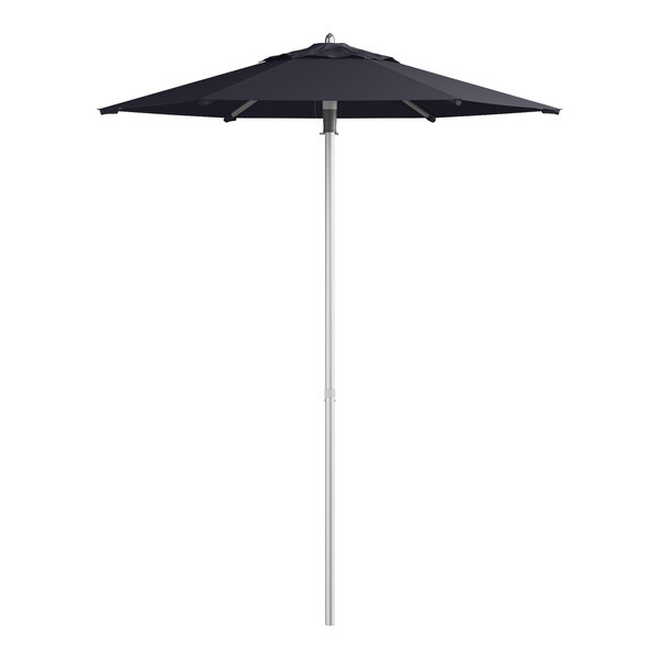 A navy blue Lancaster Table & Seating umbrella with a silver pole and lift.