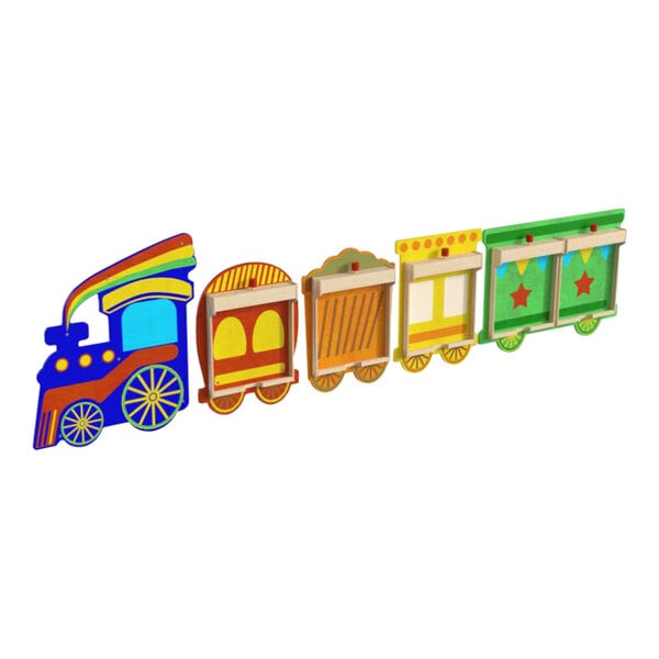 A wooden train wall panel with a colorful train and yellow and white signs.