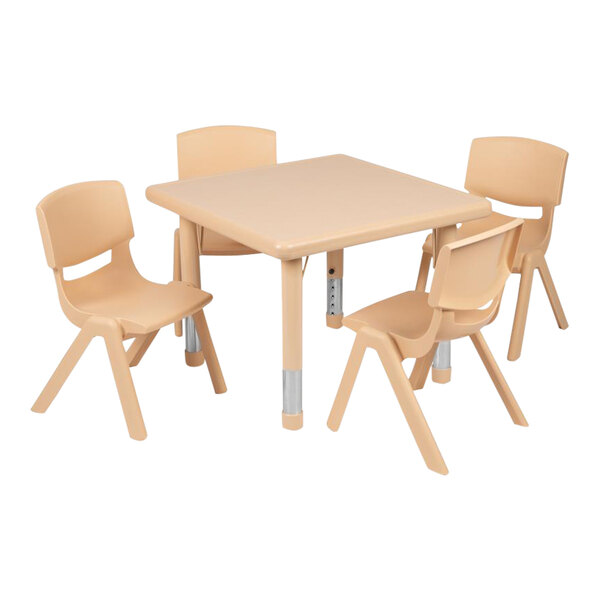 A Flash Furniture square natural plastic table with adjustable legs and four chairs.