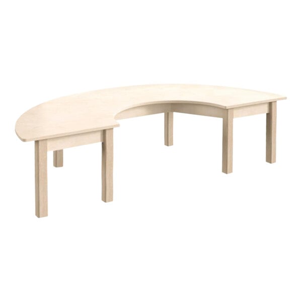 A white table with a half-moon shaped top and two legs.