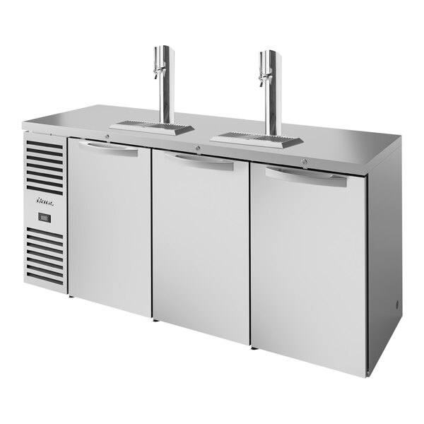 A stainless steel True beer dispenser with two taps.