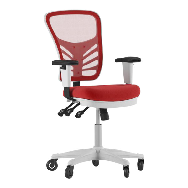 A Flash Furniture red mesh office chair with adjustable arms and roller wheels on a white base.