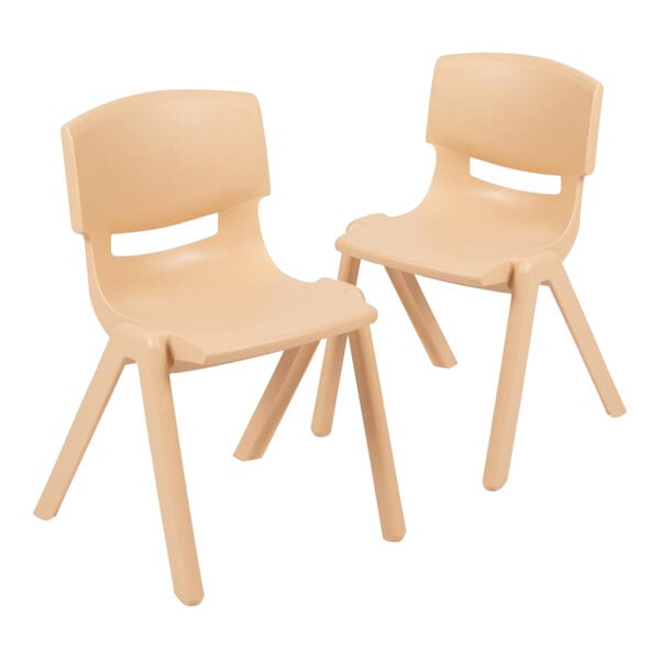 A pair of Flash Furniture plastic chairs with legs.