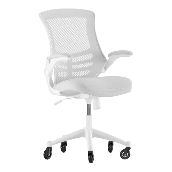 A close up of the wheels on a white Flash Furniture office chair.