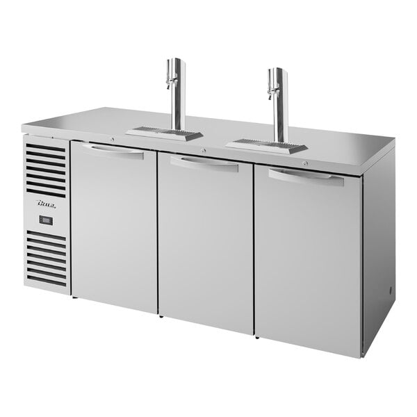 A stainless steel True beer dispenser with two taps.