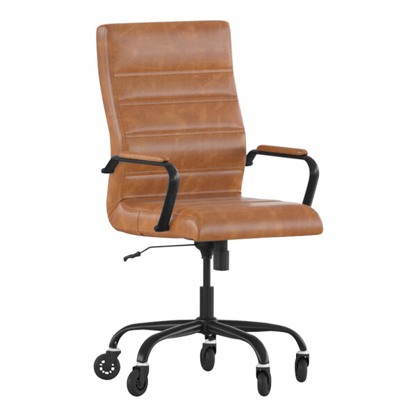 A Flash Furniture brown leather office chair with black armrests.