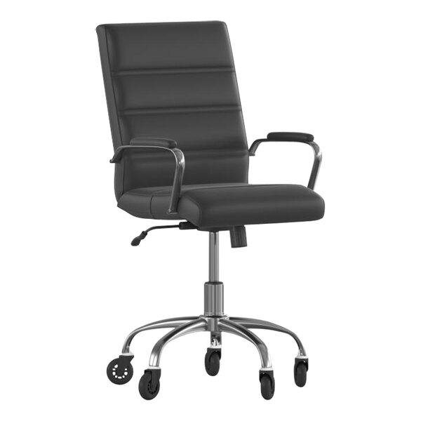 A black Flash Furniture office chair with chrome base and arms and roller wheels.