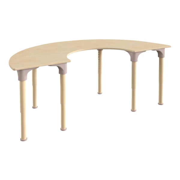 A Flash Furniture half circle beech wooden table with adjustable legs.