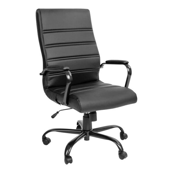 A Flash Furniture Whitney black leather office chair with arms and wheels.