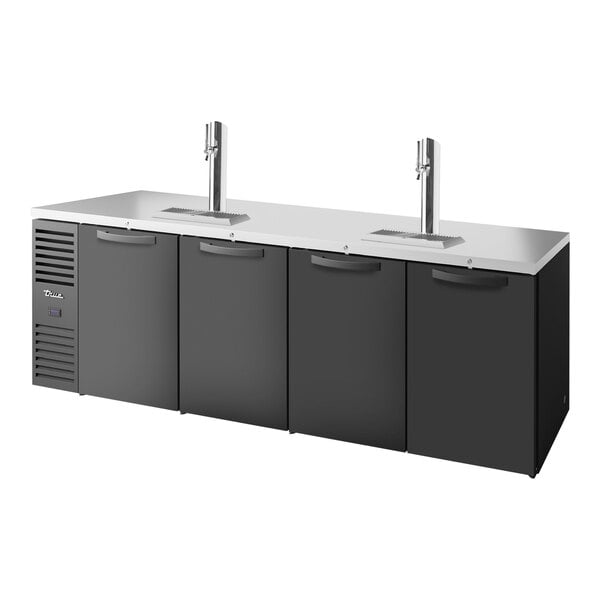 A True black 108" 2 single tap kegerator beer dispenser on a black and silver bar.