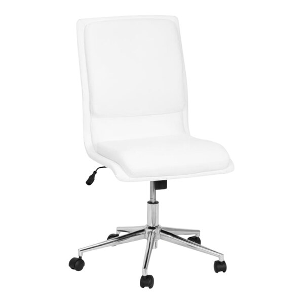 A Flash Furniture white leather office chair with chrome wheels.