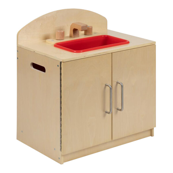 A Flash Furniture wooden children's play kitchen sink with a red rectangular sink and faucet.