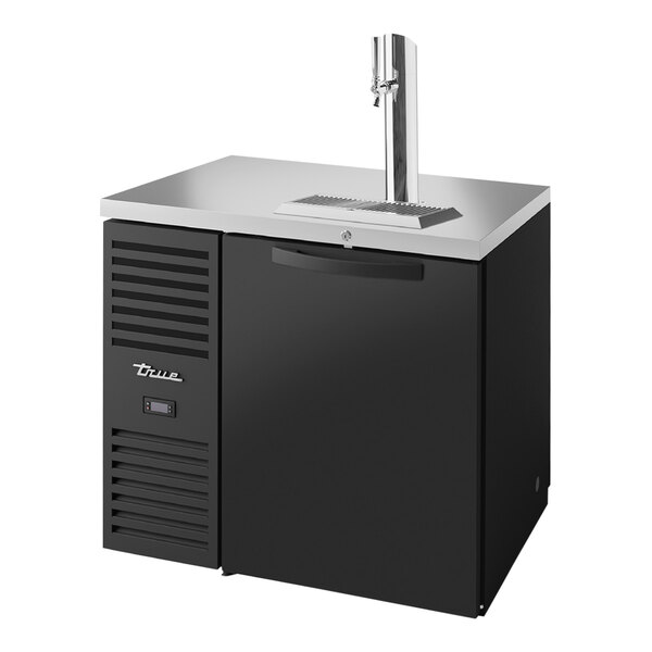 A black and stainless steel True beer dispenser with a silver tap.