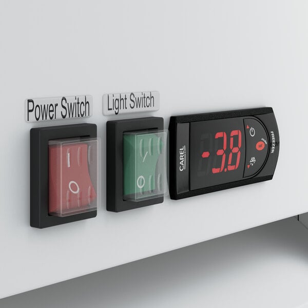 The digital thermostat of an Avantco GDC-9F-HC Glass Door Merchandiser Freezer with red numbers.