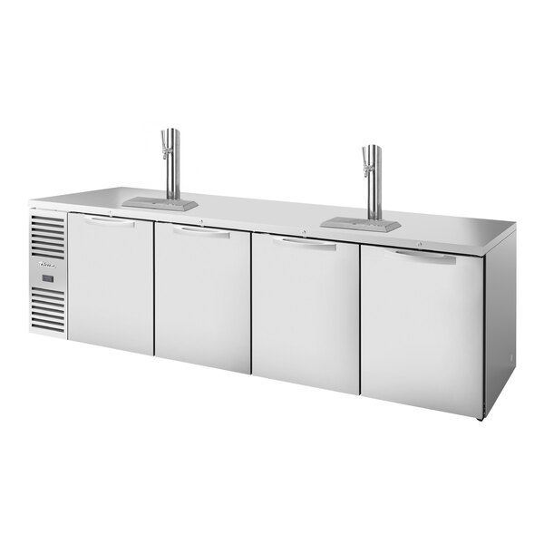 A stainless steel True beer dispenser with two taps and two doors.