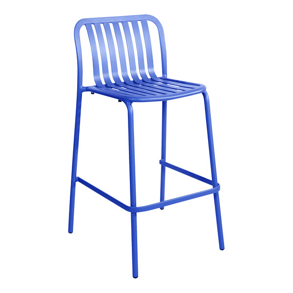 A berry powder-coated aluminum BFM Seating bar height chair with a vertical slat back.