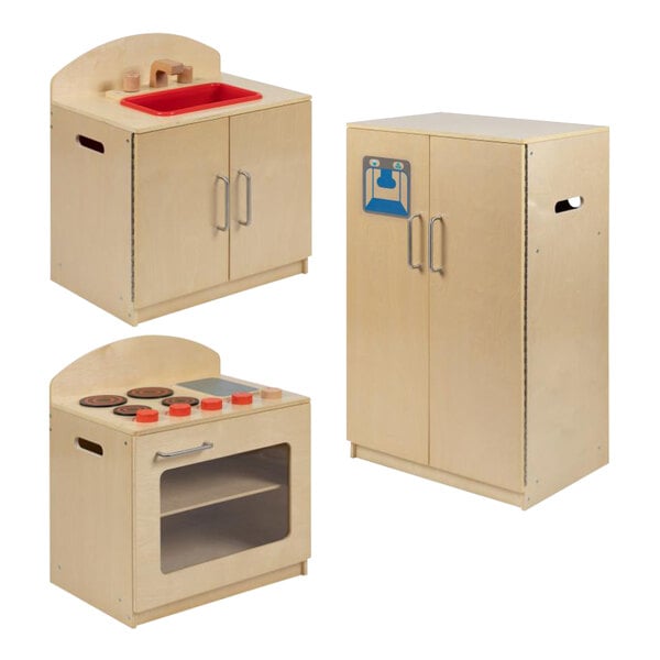 A Flash Furniture wooden children's play kitchen set with refrigerator, sink, and stove.