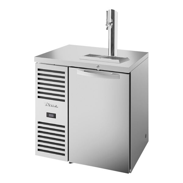 A stainless steel True beer dispenser with a silver top and tap.