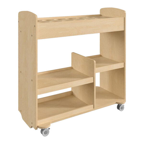 A wooden Flash Furniture mobile storage cart with 4 shelves and locking casters.