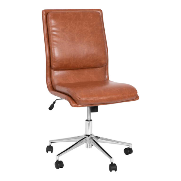 A brown Flash Furniture leather office chair with chrome wheels.