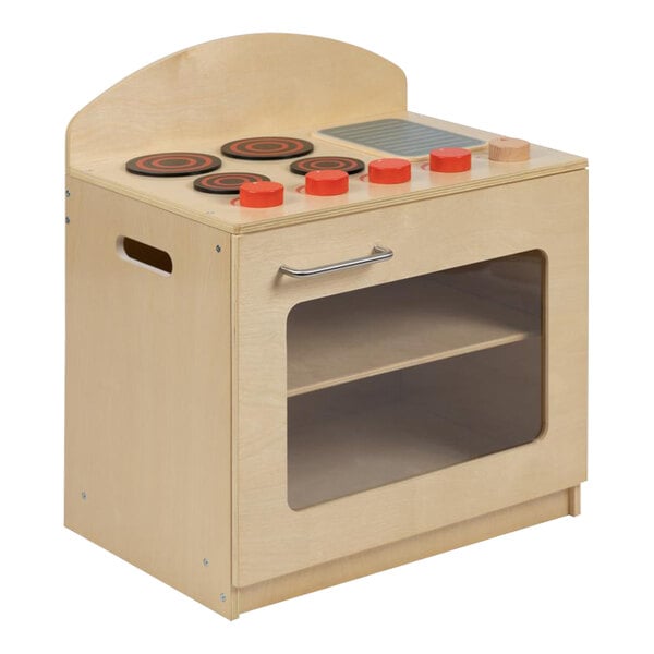 A Flash Furniture wooden children's play kitchen stove with red and black circles on top.