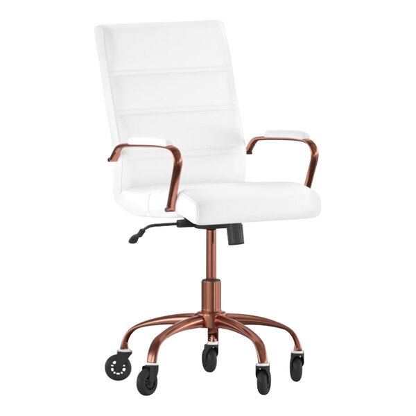 A white Flash Furniture office chair with a rose gold metal frame and roller wheels.