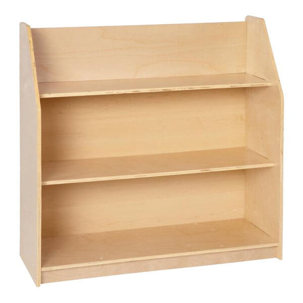 A Flash Furniture wooden book display unit with three shelves.