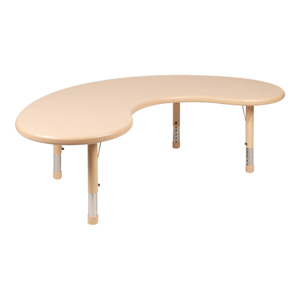 A Flash Furniture half moon table with an adjustable height and a curved surface.