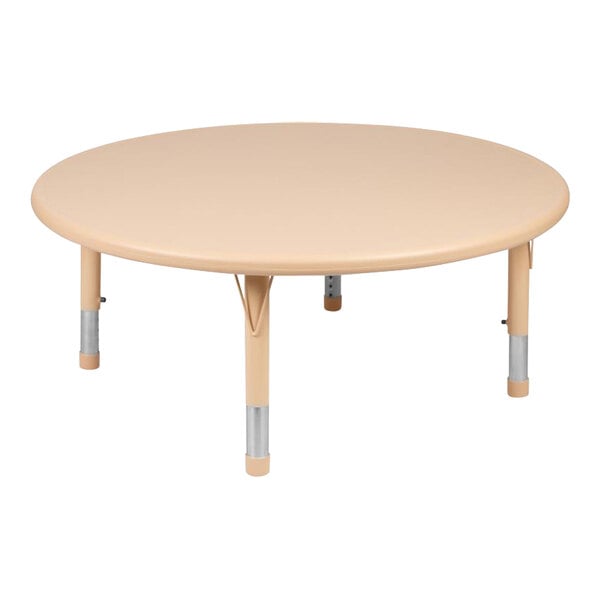 A Flash Furniture round natural plastic classroom activity table with a metal pole.